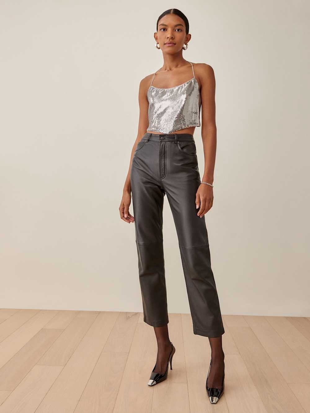 NWT Reformation Gayle Silver Sequin Halter Cowl Tank - Picture 5 of 11